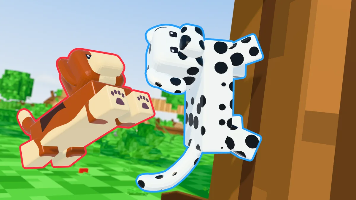 A dalmatian climbs a tree trunk with a wall jump while a beagle leaps after it